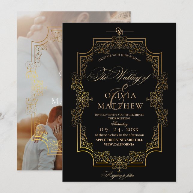 Elegante und Royal Black & Gold Foto Wedding Einladung (Vorne/Hinten)