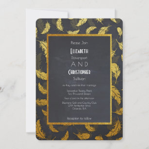 Elegante und schicke Black and Gold Feather Weddin Einladung