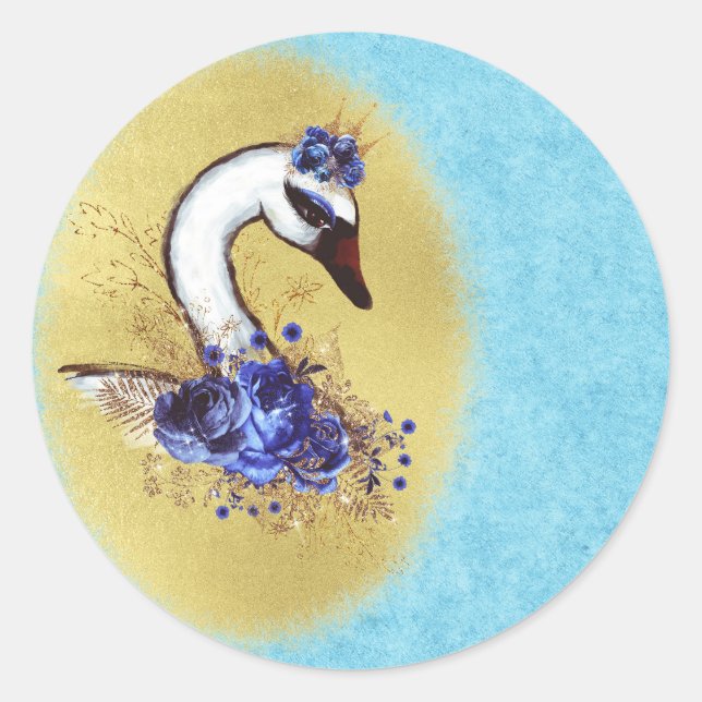 Elegante und schicke Weiße Schwäne Blauer Blumen Runder Aufkleber (Vorderseite)