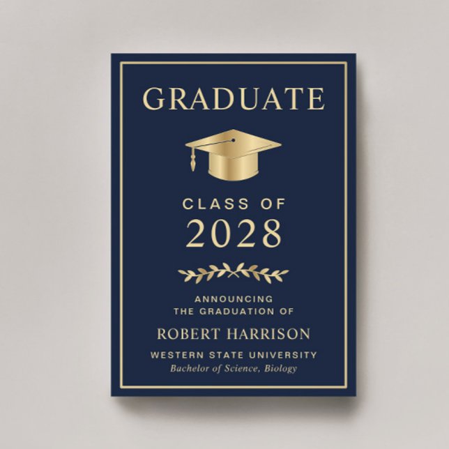 Elegante Uni Blue Gold Abschluss Ankündigung (Cherish the milestone: share your graduate's achievement with a custom graduation announcement)