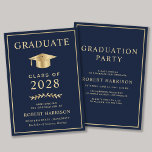 Elegante Uni Blue Gold Graduation Party Einladung<br><div class="desc">Elegante,  dunkelblaue Uni-Abschluss-Ankündigung und Party Einladung mit einem goldenen Graduiertencap und schlichter moderner Goldtypografie für den Namen,  das Jahrgang,  die Uni oder die Universität,  den Abschluss und die Hauptfach- oder Ehrengänge. Fügen Sie auf der Rückseite die Details zum Abschluss hinzu.</div>