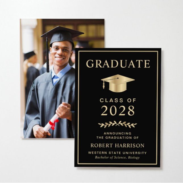 Elegante Uni Foto Black Gold Abschluss Ankündigung (Share the pride and excitement of your graduate's achievement with friends and family near and far)