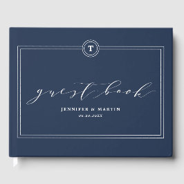 Elegante Unique Navy Monogram Calligraphy Wedding Gästebuch