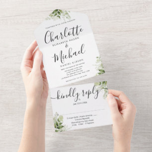 Elegante Unterschrift Schrift Grüne Blätter Hochze All In One Einladung