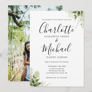 Elegante Unterschrift Schrift Grüne Foto Hochzeit Einladung