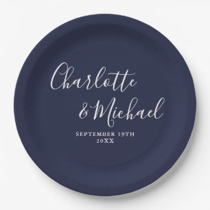 Elegante Unterschrift Schrift Navy Blau Hochzeit Pappteller