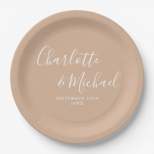 Elegante Unterschrift Schrift Tan Taupe Hochzeit Pappteller