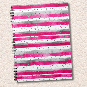 Elegante Valentins-Pink-Silber-Herzen auf Streifen Notizblock