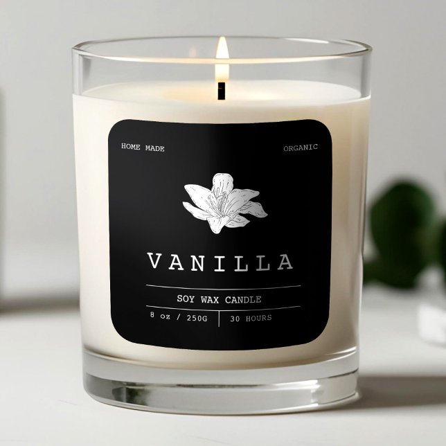 Elégante Vanille Noir & Blanc Étiquette bougie (Candle Black & White Vanilla Elegant Square Sticker, Candle Label Design )
