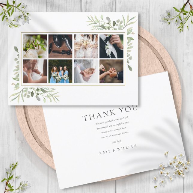 Elegante Vegetation 8 Foto Collage Wedding Dankeskarte (Elegant Greenery 8 Photo Collage Wedding Thank You Card)