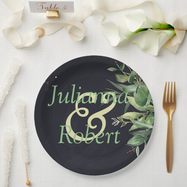 Elegante Vegetation auf schwarzen Tellern Pappteller (Hochzeit)