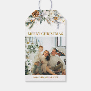 Elegante Vegetation & Foto Mustard Gold Christma Geschenkanhänger