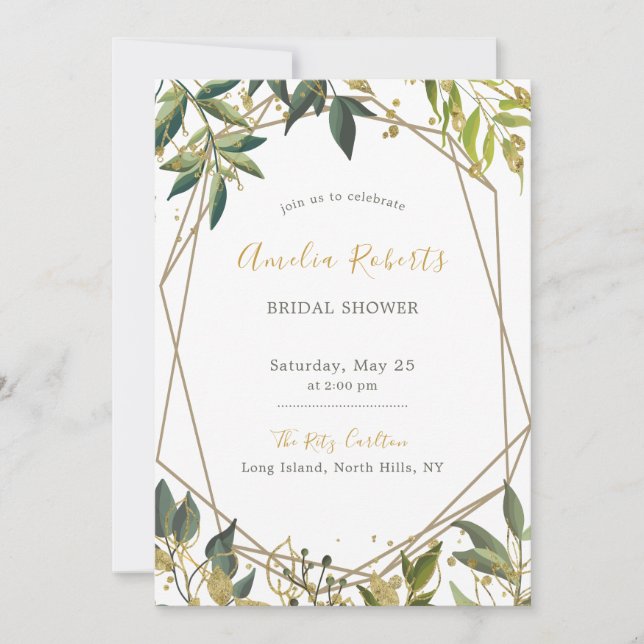 Elegante Vegetation in Gold Floral Brautparty Einladung (Vorderseite)