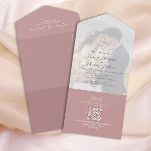 Elegante Vellum Foto Overlay Dusty Rose QR-Code All In One Einladung