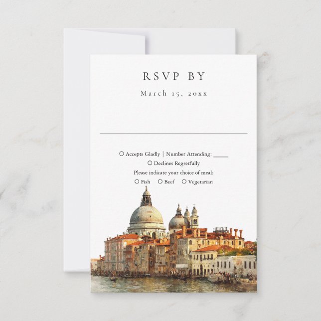 Elegante Venedig-Skyline-Aquarell-Hochzeit RSVP Karte (Vorderseite)