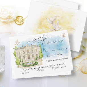 Elegante Venue Fountain Tauben Sommerhochzeit RSVP Karte