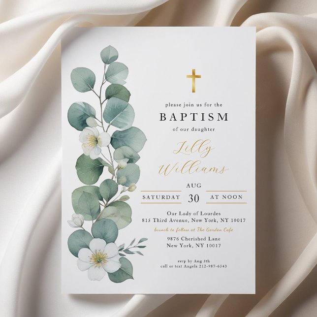 Élégante verdure Croix d'or Baptême Invitation (Simple Elegant Baptism Invitation)