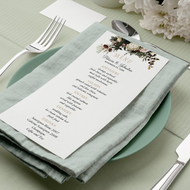 Elégante verdure d'hiver chic menu mariage floral (Créateur téléchargé)