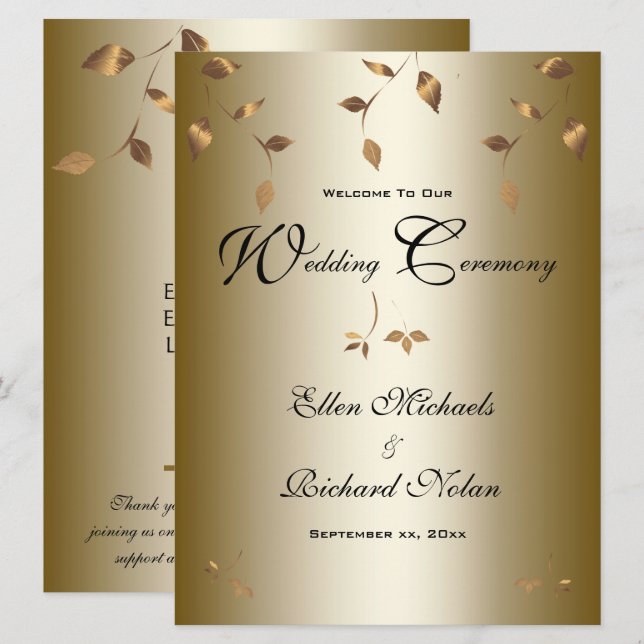 Elegante, vergoldete Blätter Hochzeit Programm (Vorne/Hinten)