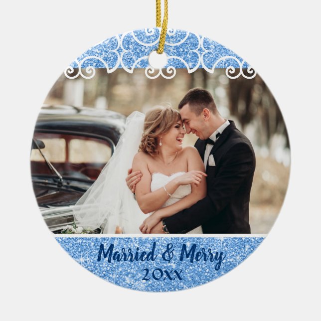 Elegante Verheiratet & Merry 2 Foto Blue Glitzer F Keramik Ornament (Vorne)