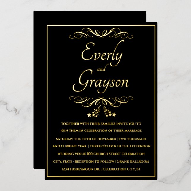 Elegante Veri Black and Gold Wedding Folieneinladung (Vorderseite/Rückseite)