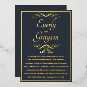 Elegante Veri Navy Blau und Gold Hochzeit   Folieneinladung
