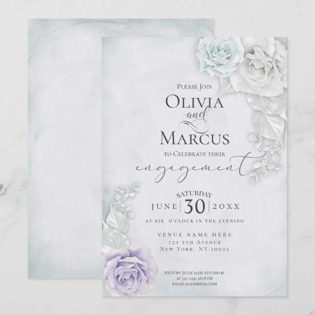 Elegante Verlobung Blue Lilac und Ivory Rose Einladung (Vorne/Hinten)