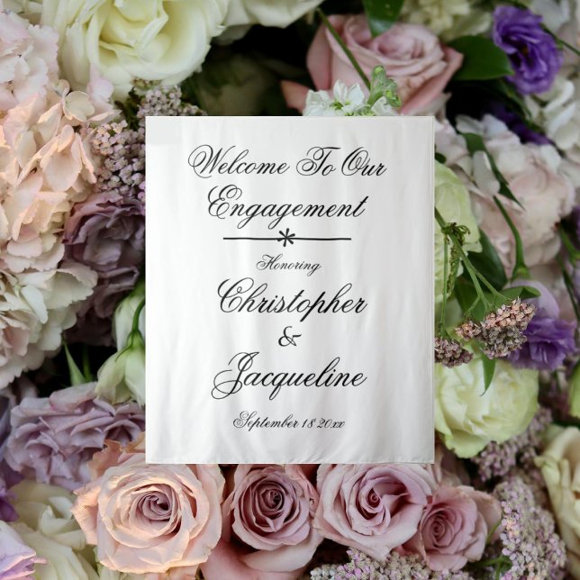 Elegante Verlobungsfeier Benutzerdefinierte Namen  Wandteppich (Classy engagement party, custom names cute backdrop.)