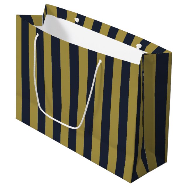 Elegante vertikale Streifen aus Gold und Navy Große Geschenktüte (Vorderseite Schrägansicht)