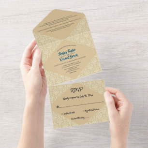 Elegante Verzierte Damaskasskriptschrift Beige Cla All In One Einladung