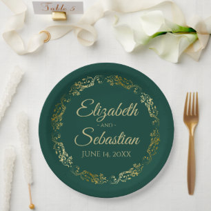 Elegante Verzierte Grenz Emerald Green & Gold Wedd Pappteller