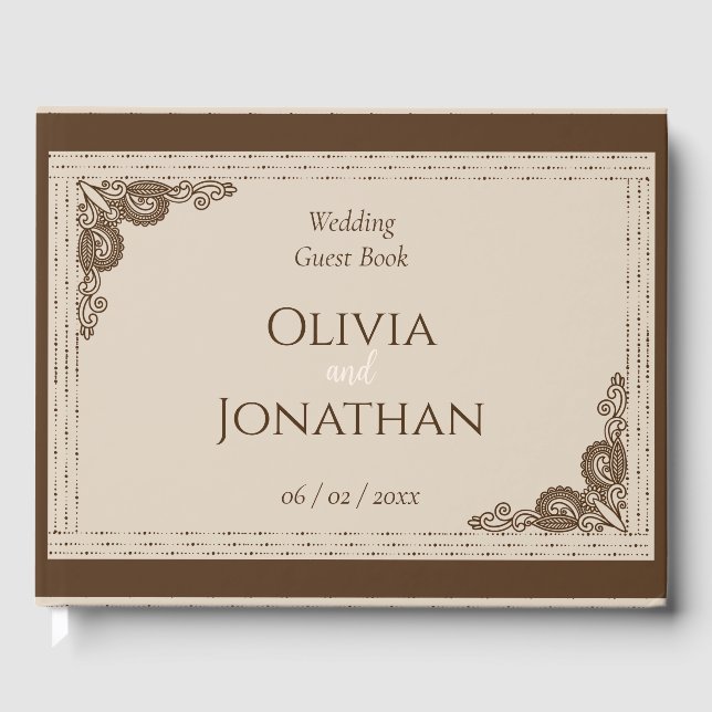Elegante verzierte Hochzeit in Beige Gästebuch (Vorderseite)