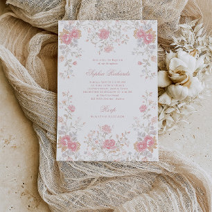 Elegante verzierte rosa Rosen   Taufe Einladung