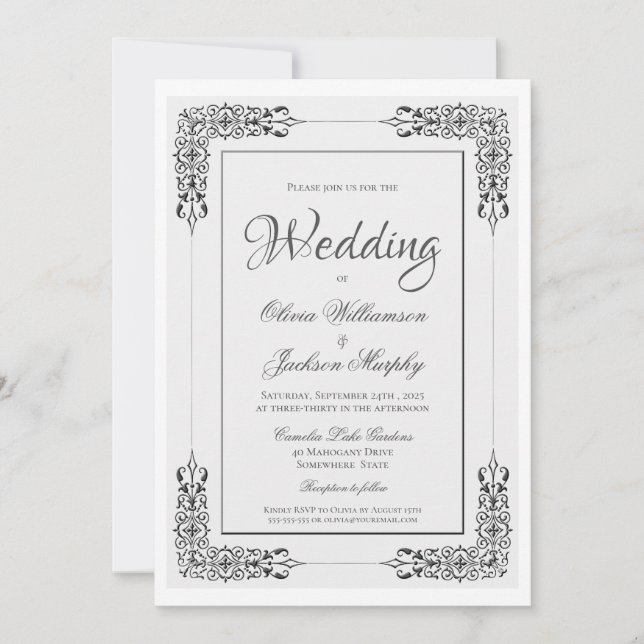 Elegante Verzierte Silbergraue und weiße Hochzeit Einladung (Vorderseite)