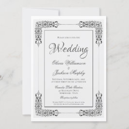 Elegante Verzierte Silbergraue und weiße Hochzeit Einladung
