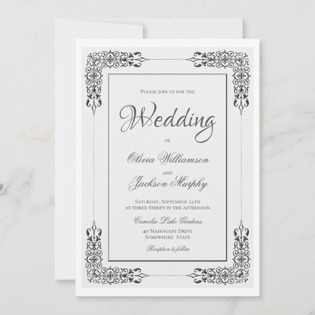 Elegante Verzierte Silbergraue und weiße Hochzeit Einladung (Vorderseite)