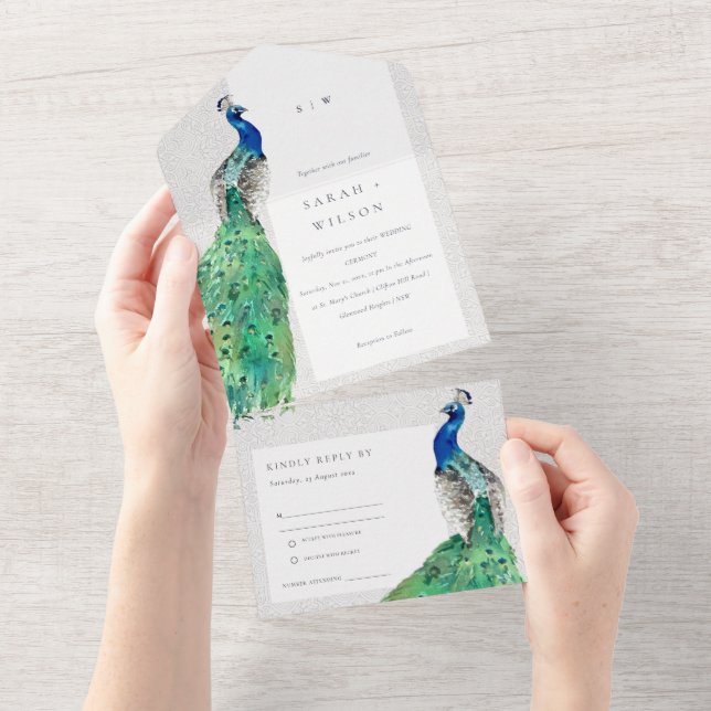 Elegante Verzierte Wasserfarbenpfauenhochzeit All In One Einladung (Abreißen)