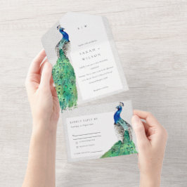 Elegante Verzierte Wasserfarbenpfauenhochzeit All In One Einladung