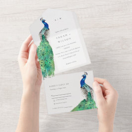 Elegante Verzierte Wasserfarbenpfauenhochzeit All In One Einladung