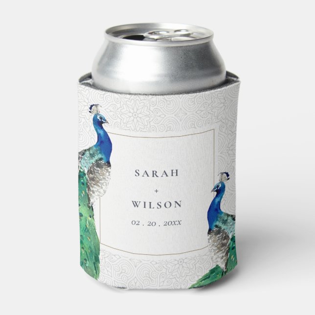 Elegante Verzierte Wasserfarbenpfauenhochzeit Dosenkühler (Kanne Vorderseite)