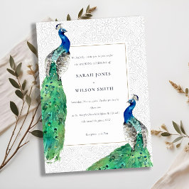 Elegante Verzierte Wasserfarbenpfauenhochzeit Einladung