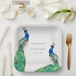 Elegante Verzierte Wasserfarbenpfauenhochzeit Pappteller