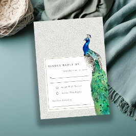 Elegante Verzierte Wasserfarbenpfauenhochzeit RSVP Karte