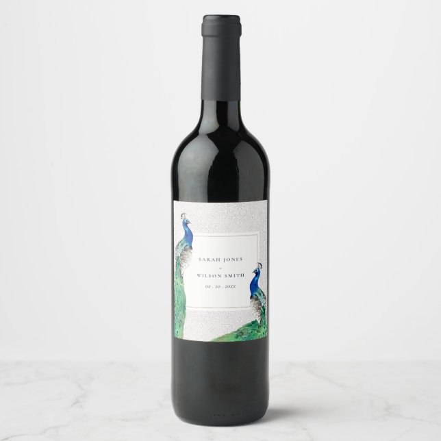 Elegante Verzierte Wasserfarbenpfauenhochzeit Weinetikett (Vorderseite)
