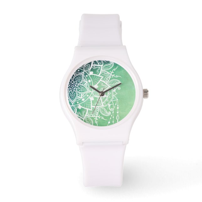Elegante Verzierte Zen Mandala Rosette Grüntöne Armbanduhr (Vorderseite)