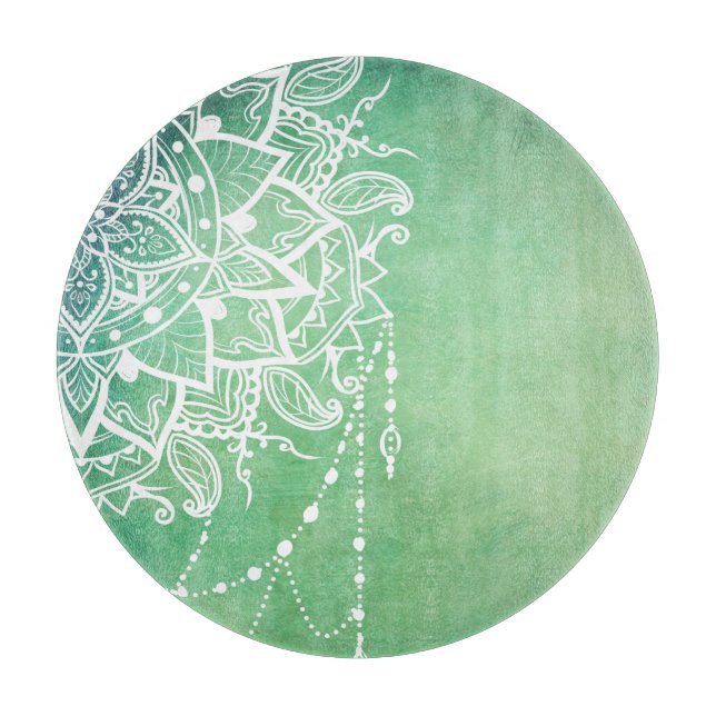 Elegante Verzierte Zen Mandala Rosette Grüntöne Schneidebrett (Vorderseite)