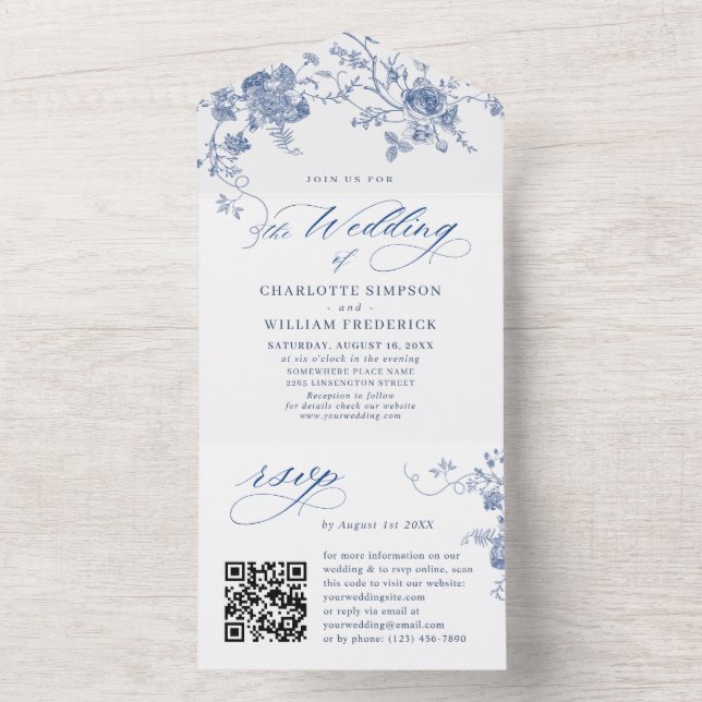 Elegante Viktorianisch Blue French Floral Wedding All In One Einladung (Innen Boden)