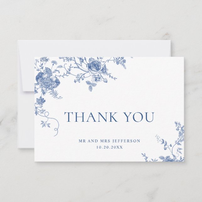 Elegante Viktorianisch Blue French Floral Wedding Dankeskarte (Vorderseite)