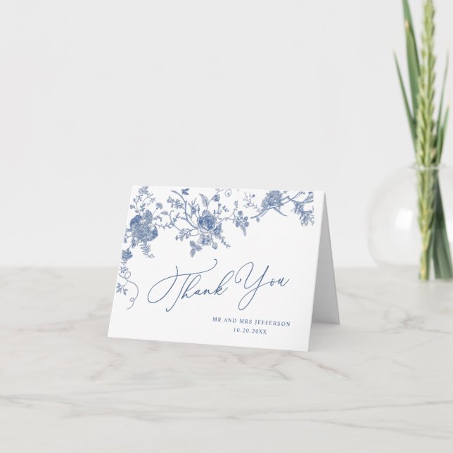 Elegante Viktorianisch Blue French Floral Wedding Dankeskarte (Vorderseite)