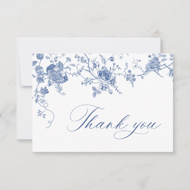 Elegante Viktorianisch Blue French Floral Wedding Dankeskarte (Vorderseite)